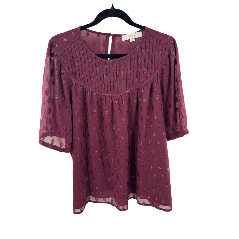 LOFT Burgundy Metallic Silver Diamond Filigree Pleated Yoke Blouse XL